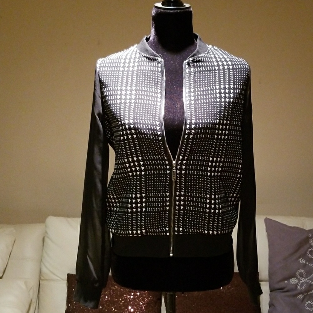 BCBGMAXAZRIA Bomber Black White Chiffon Jacket